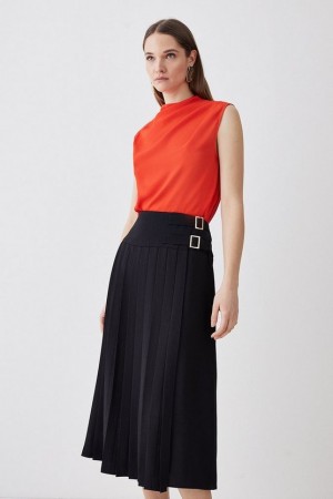 Black Karen Millen Buckle Detail Pleated Crepe Midi Skirt | 5319ODVSY