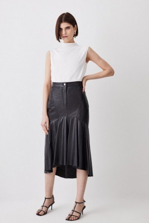 Black Karen Millen Leather High Low Peplum Skirt | 2071PRQLU