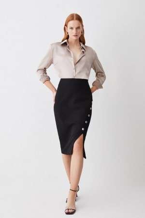 Black Karen Millen Structured Crepe Wrap Detail Midi Skirt | 7354ZAQWN