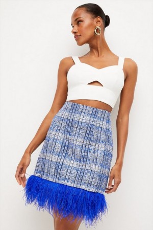 Blue Karen Millen Tweed Feather Hem Mini Skirt | 5893BRDTH