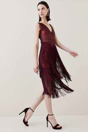 Burgundy Karen Millen Foiled Bandage Knit Fringe Tiered Midi Dress | 9781OWCFV