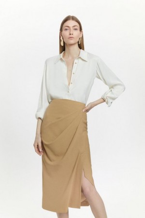 Camel Karen Millen Wool Blend Drape Detail Midaxi Skirt | 8263TPBXU