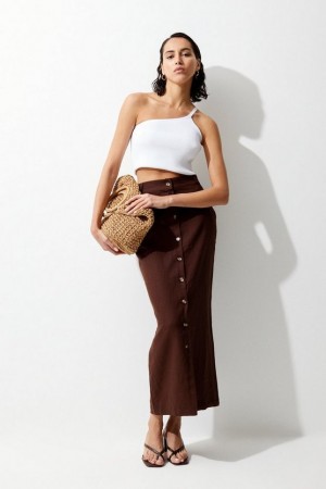 Chocolate Karen Millen Linen Tailored Pencil Midi Skirt | 5306DLYBW