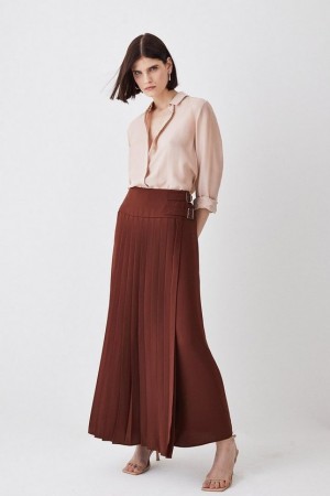 Chocolate Karen Millen Pleated Crepe Midi Skirt | 3528RQDVT