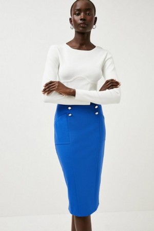 Cobalt Karen Millen Button Pocket Ponte Midi Skirt | 1479TQFSD