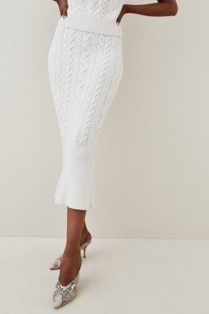 Cream Karen Millen Peplum Hem Cable Knit Midi Skirt | 9568DPNBE