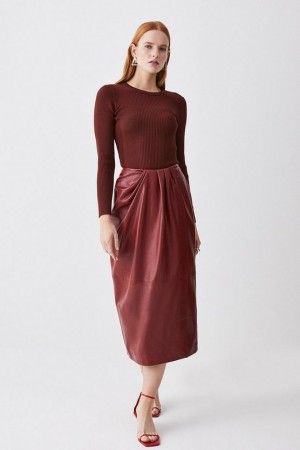 Dark Red Karen Millen Leather Drape Detail Pencil Midi Skirt | 4825CXATS