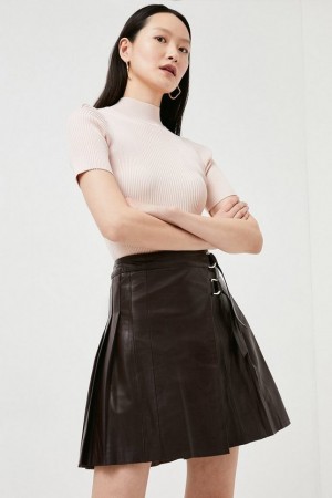 Fig Karen Millen Leather Pleated Buckle Kilt Skirt | 0685SPQIR