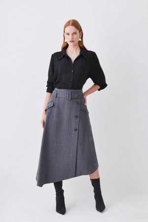 Grey Karen Millen Premium Wool Flannel Belted Asymmetric Midi Skirt | 0762ERWGN