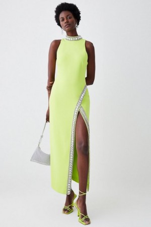 Lime Karen Millen Crystal Embellished Woven Thigh Split Maxi | 3472EPVIO