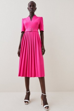 Magenta Karen Millen Structured Crepe Forever Pleat Belted Midi Dress | 4879DNWSE