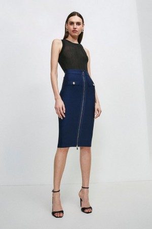 Navy Karen Millen Military Bandage Knitted Pencil Midi Skirt | 4017YTFSL