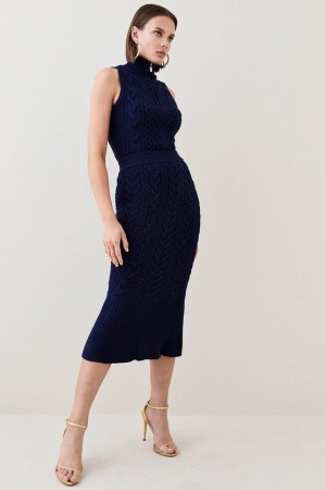 Navy Karen Millen Peplum Hem Cable Knit Midi Skirt | 9841QVNBH