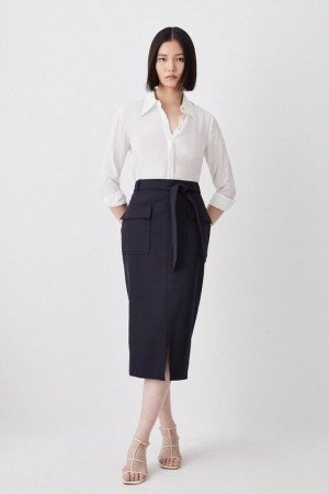 Navy Karen Millen Tall Wool Blend Pocket Detail Midi Skirt | 6143AKPVX