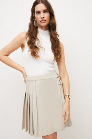 Off White Karen Millen Leather Pleated Buckle Kilt Skirt | 4758QZSHY