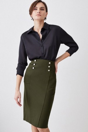 Olive Karen Millen Button Pocket Ponte Midi Skirt | 2047YPUEJ