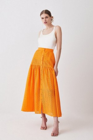 Orange Karen Millen Tall Cotton Broderie Button Through Midi Skirt | 7319LSNFU