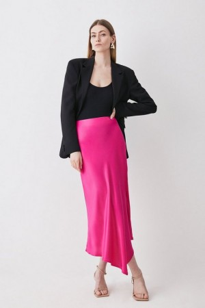 Pink Karen Millen Satin Asymmetric Slip Midi Skirt | 4752WBZLQ