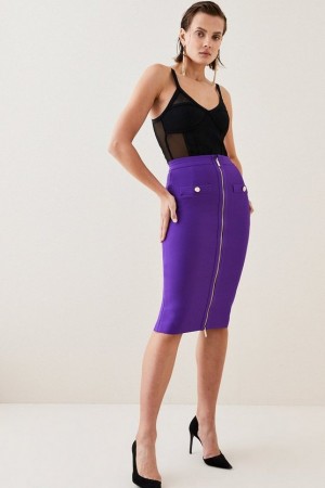 Purple Karen Millen Military Bandage Knitted Pencil Midi Skirt | 7351ATIZF