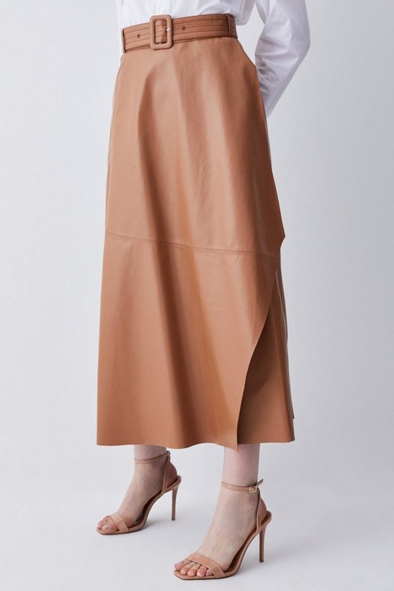 Camel Karen Millen Leather Belted Drape Hem Maxi Skirt | 4138HPQIV