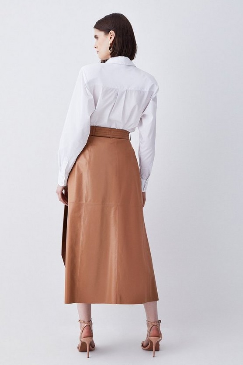 Camel Karen Millen Leather Belted Drape Hem Maxi Skirt | 4138HPQIV