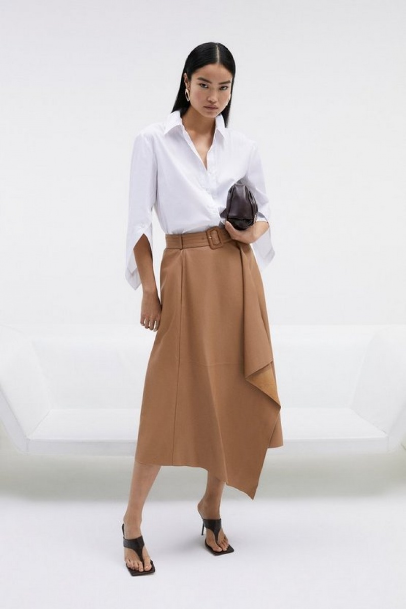 Camel Karen Millen Leather Belted Drape Hem Maxi Skirt | 4138HPQIV