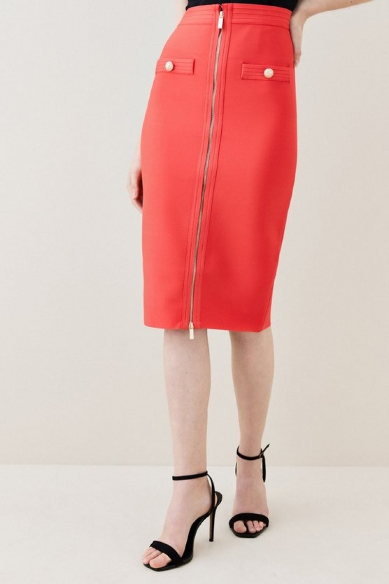 Coral Karen Millen Military Bandage Knitted Pencil Midi Skirt | 2905PVUZT