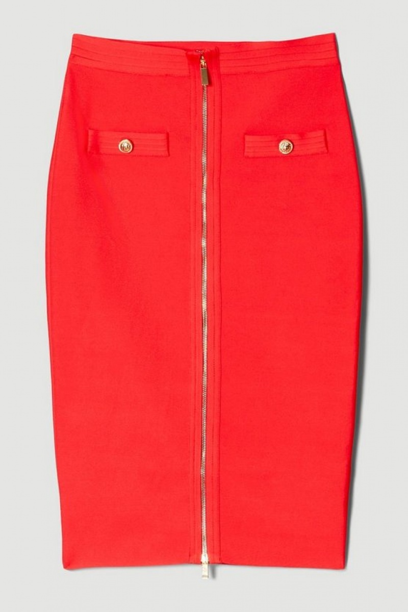 Coral Karen Millen Military Bandage Knitted Pencil Midi Skirt | 2905PVUZT