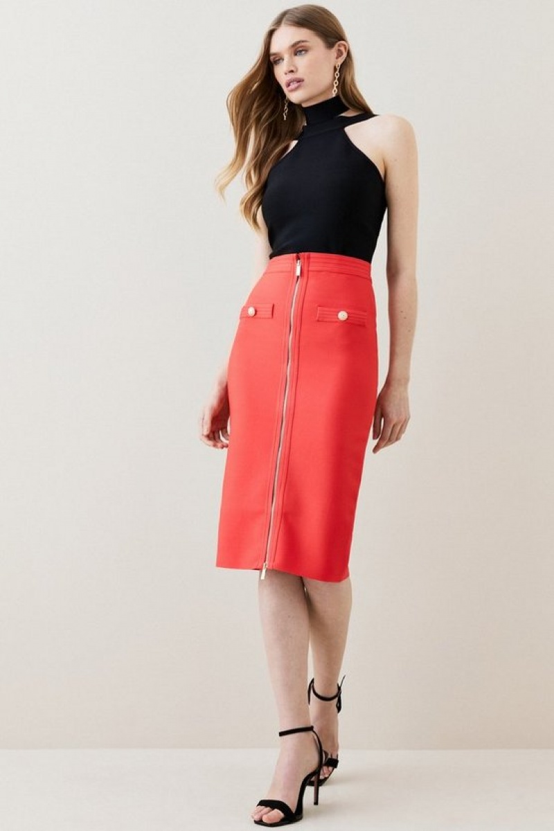 Coral Karen Millen Military Bandage Knitted Pencil Midi Skirt | 2905PVUZT