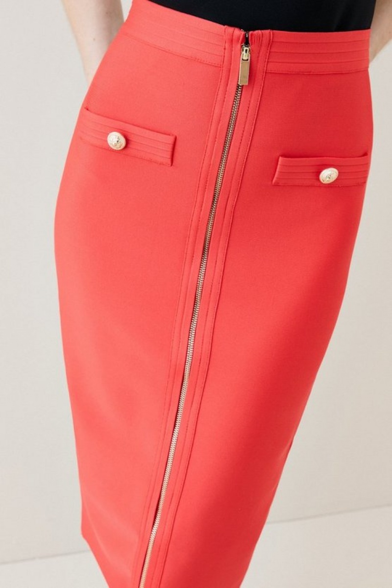 Coral Karen Millen Military Bandage Knitted Pencil Midi Skirt | 2381NRKMQ