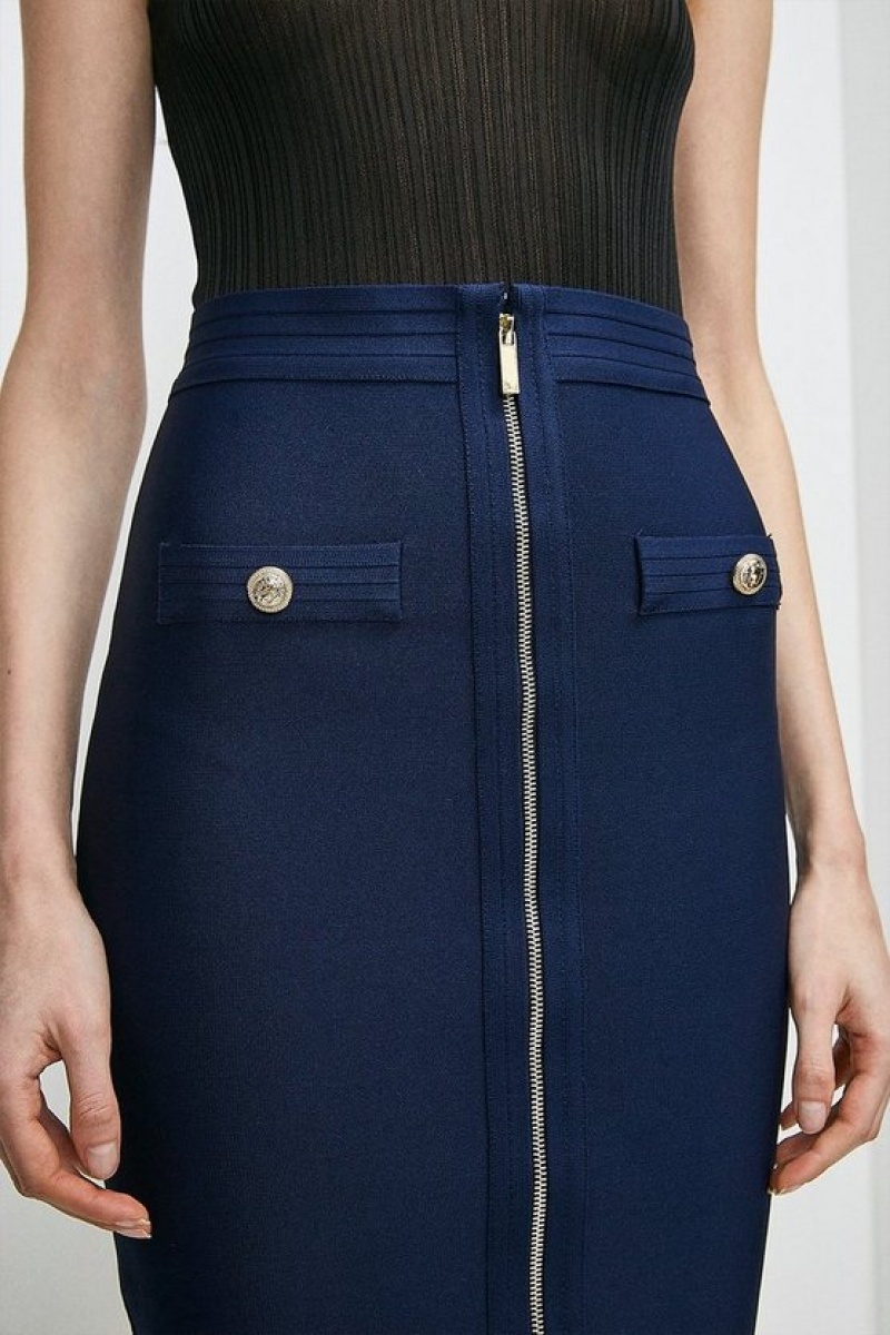 Navy Karen Millen Military Bandage Knitted Pencil Midi Skirt | 5639YZGCI