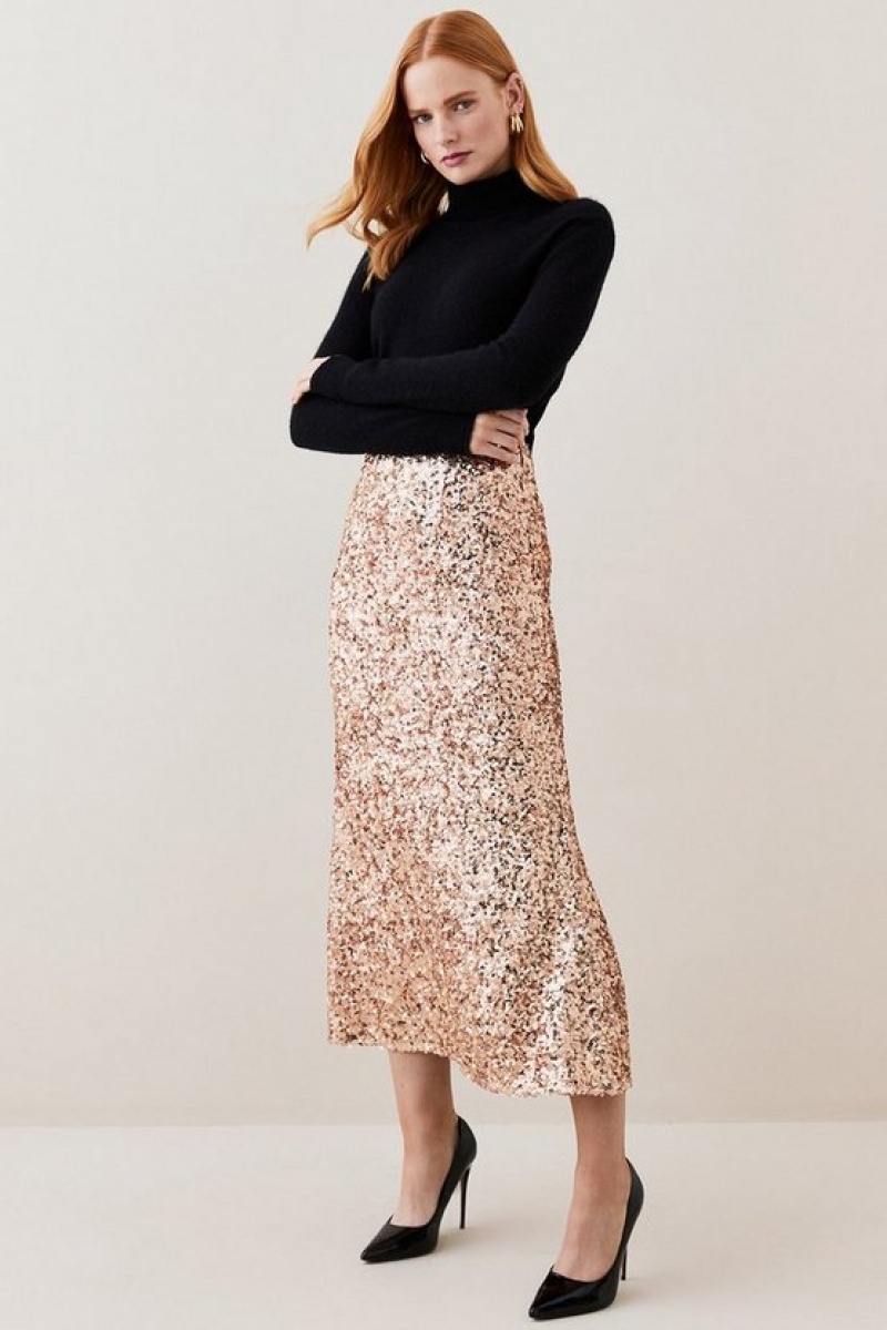 Rose Gold Karen Millen Lydia Millen Textured Sequin Skirt | 5941GQELO